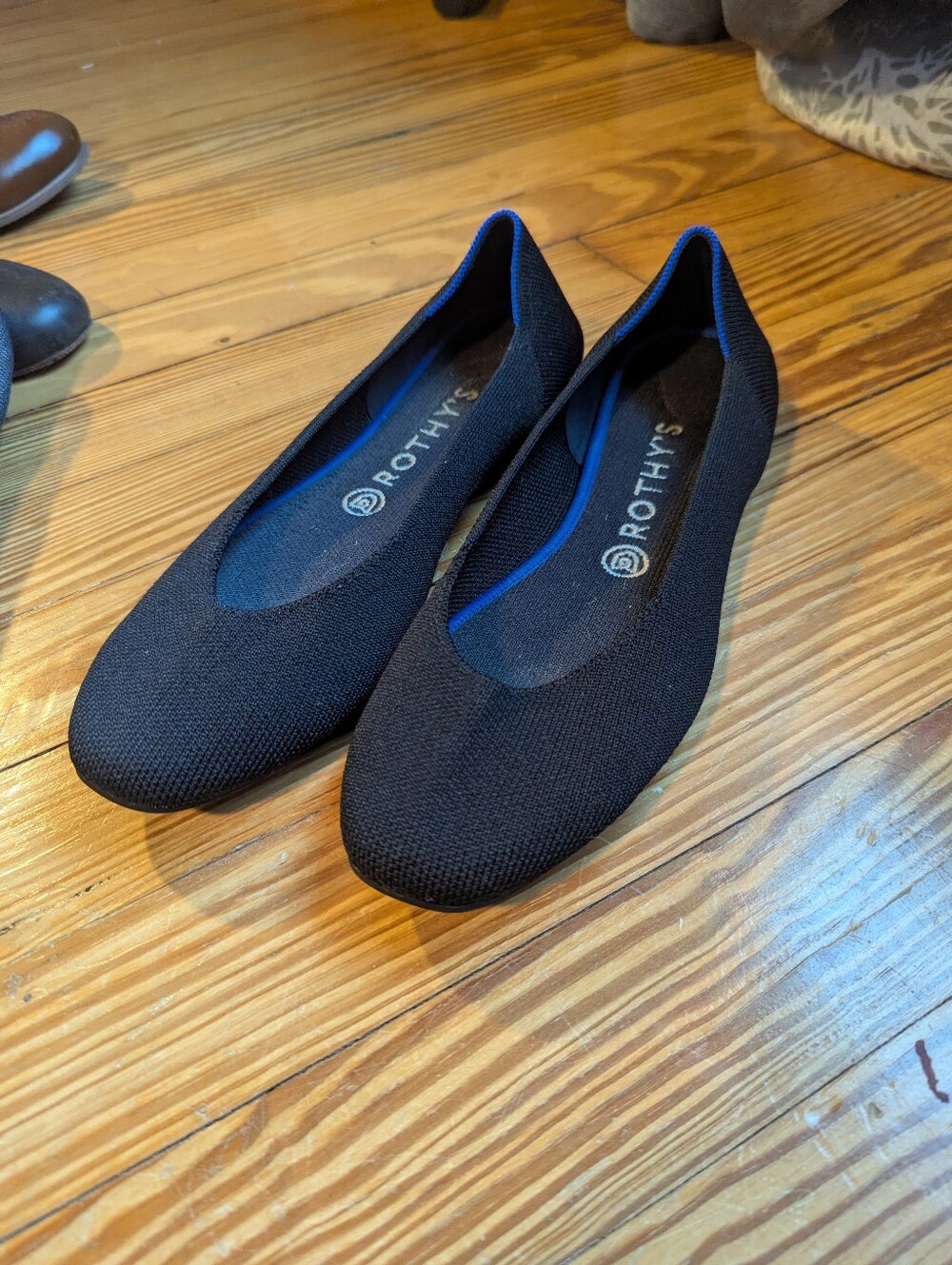 Rothy's Square Toe Black Knit Ballet Flat with Blue Trim